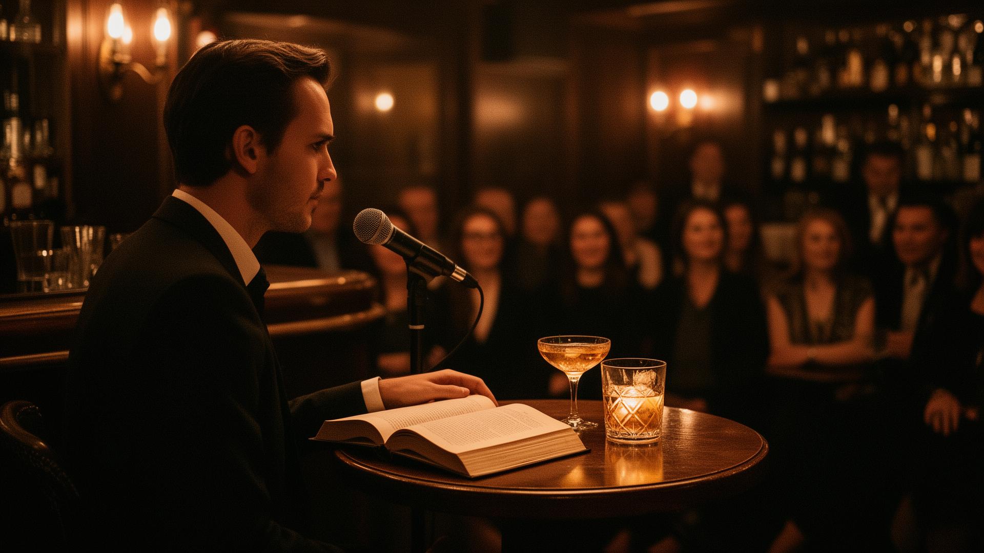 A speaker at a microphone in a softly lit speakeasy with a small attentive audience